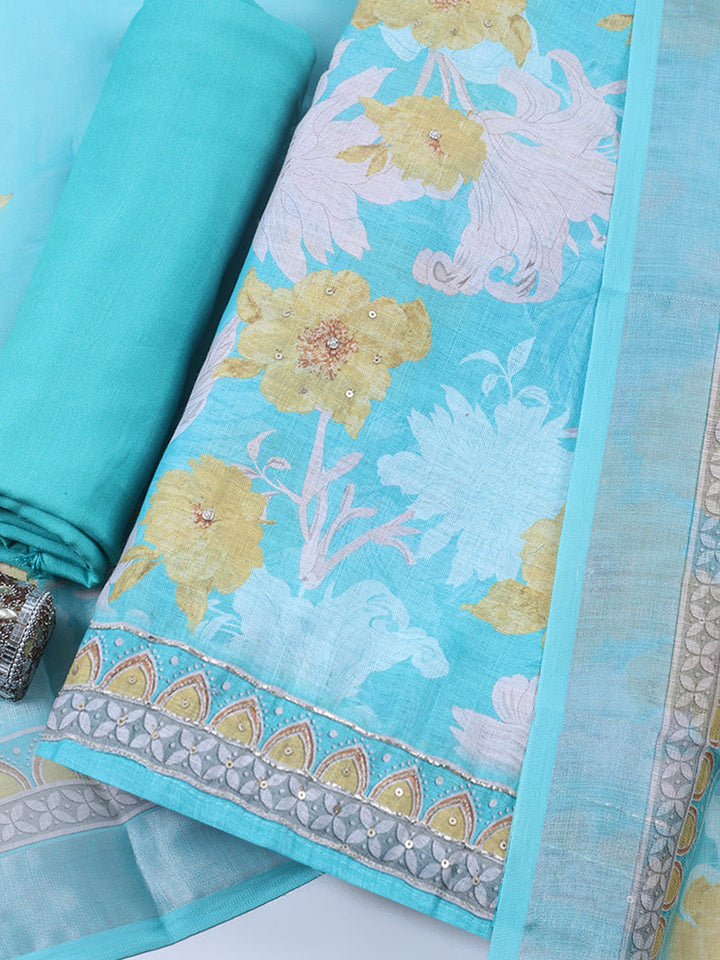 Embroidered Linen Blend Unstitched Suit With Pant &amp; Dupatta