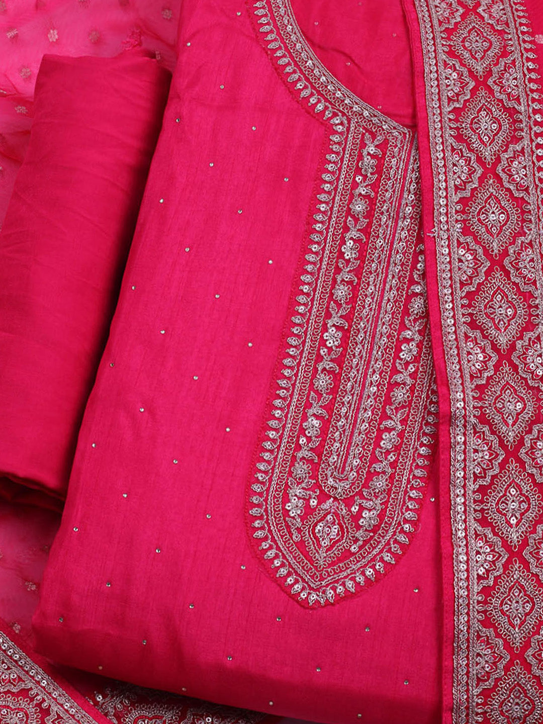 Neck Embroidered Chanderi Unstitched Suit With Dupatta