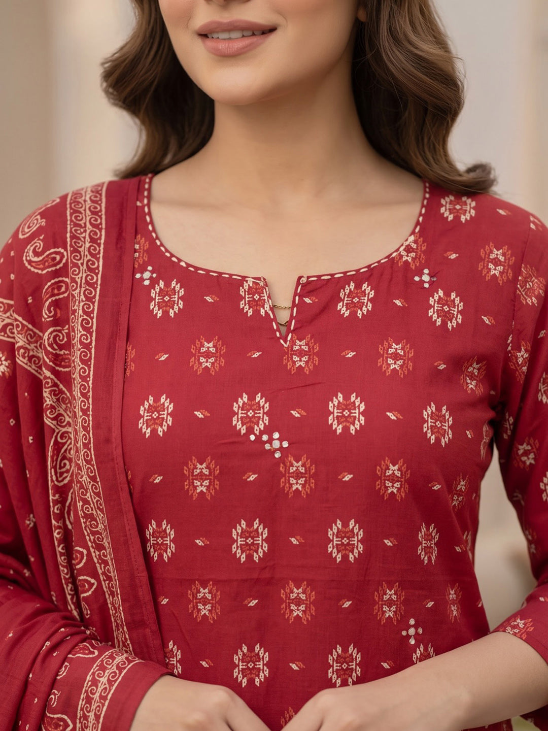 Red Printed Cotton Blend Kurta With Pant &amp; Dupatta