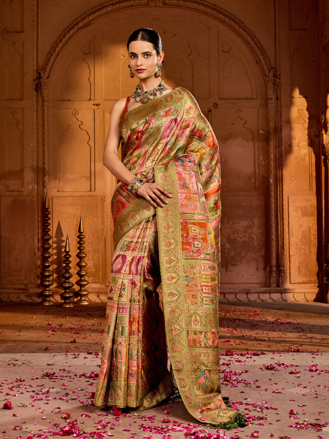 Mehndi Satin Woven Saree