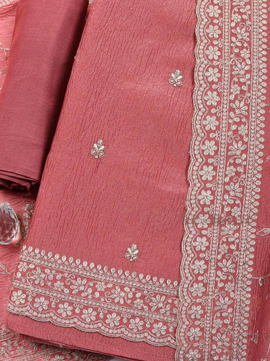 Embroidered Tissue Unstitched Suit With Pant &amp; Dupatta