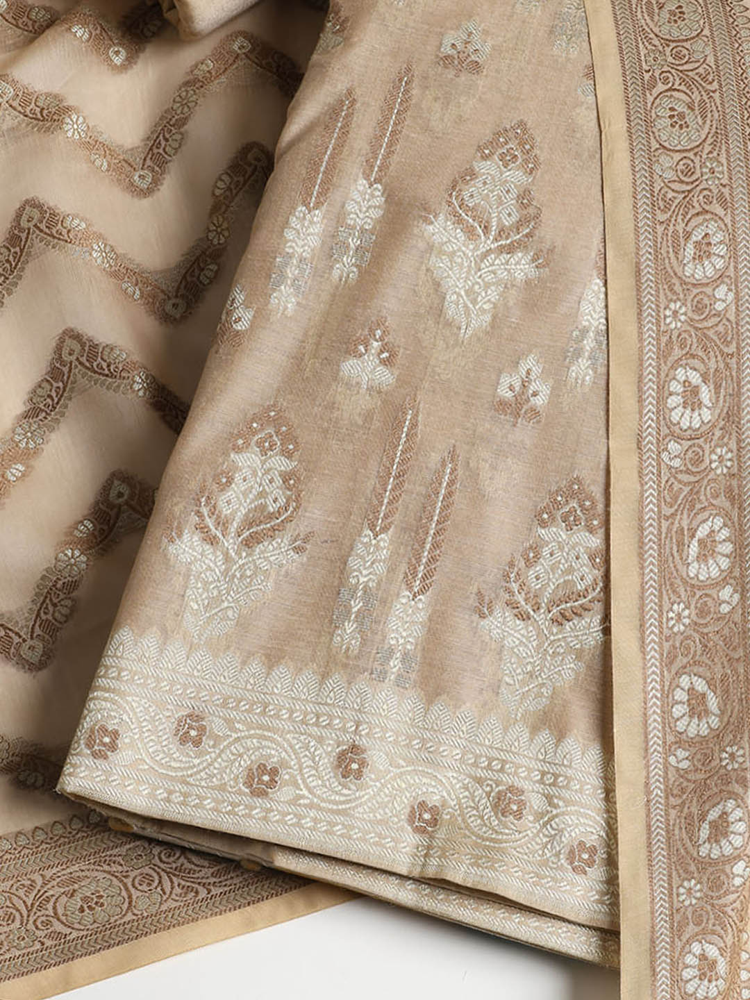 Woven Banarasi Chanderi Unstitched Suit With Dupatta