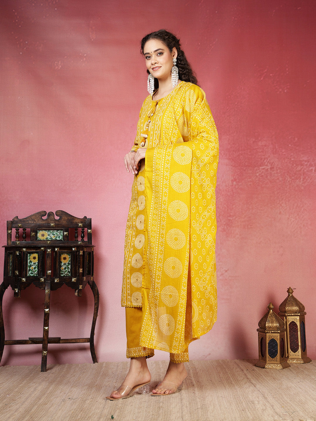 Mustard Cotton Blend Printed Straight Suit Set