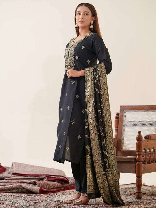 Embroidery Cotton Kurta With Pants & Dupatta