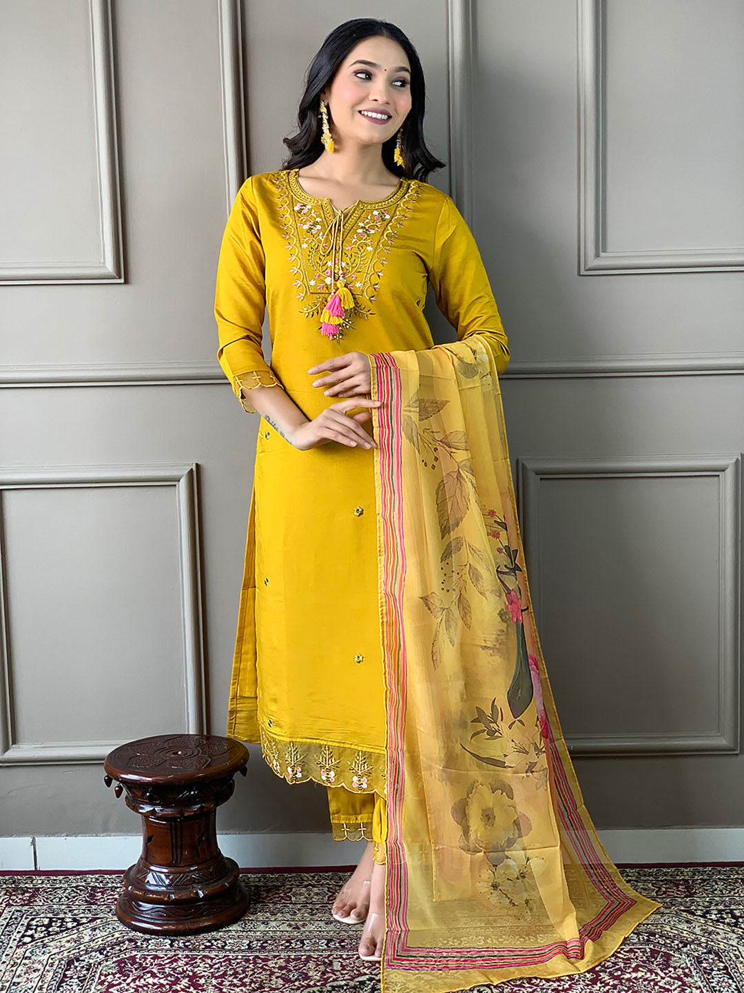 Resham Embroidery Cotton Blend Kurta With Pants &amp; Dupatta