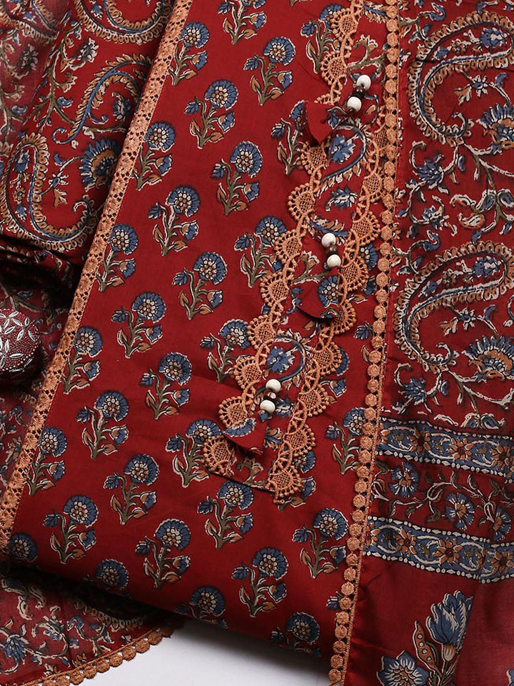 Embroidered Cotton Blend Unstitched Suit With Pant &amp; Dupatta