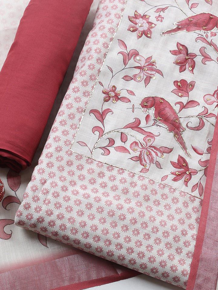 Printed Linen Blend Unstitched Suit With Pant &amp; Dupatta