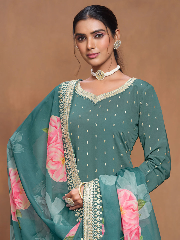 Embroidered Roman Silk Semi Stitched Kurta With Plazzo &amp; Dupatta