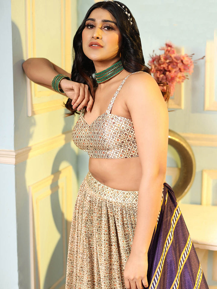 Digital Print Satin Unstitched Lehenga Choli With Dupatta