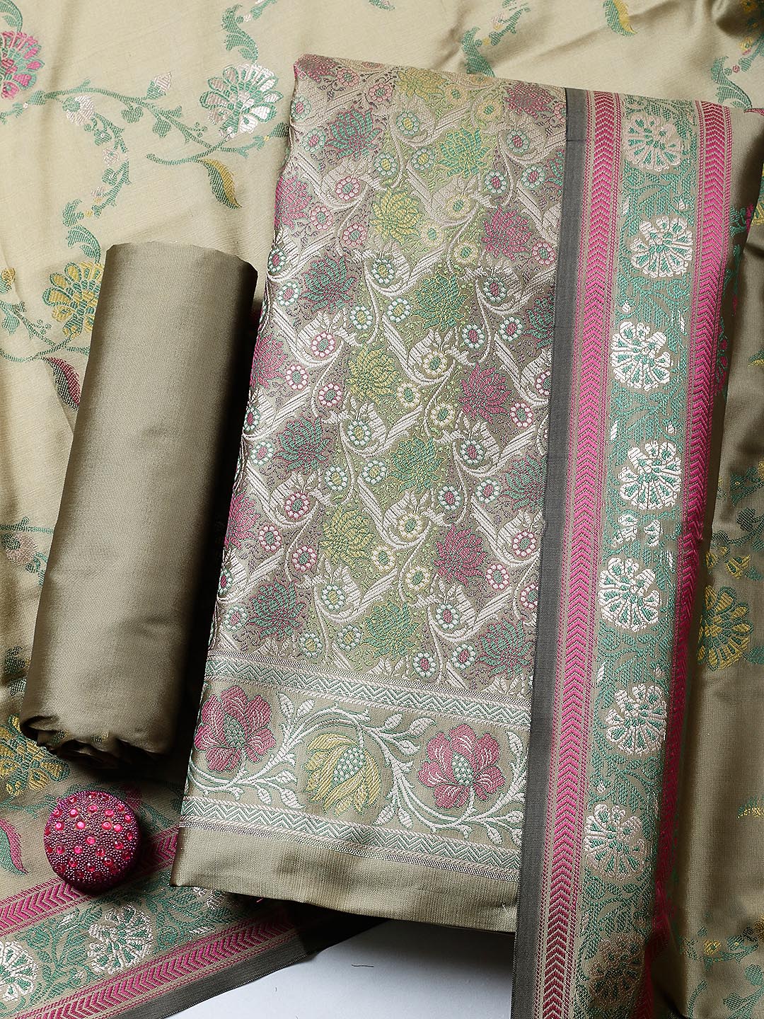 Woven Design Chanderi Unstitched Suit With Pant &amp; Dupatta
