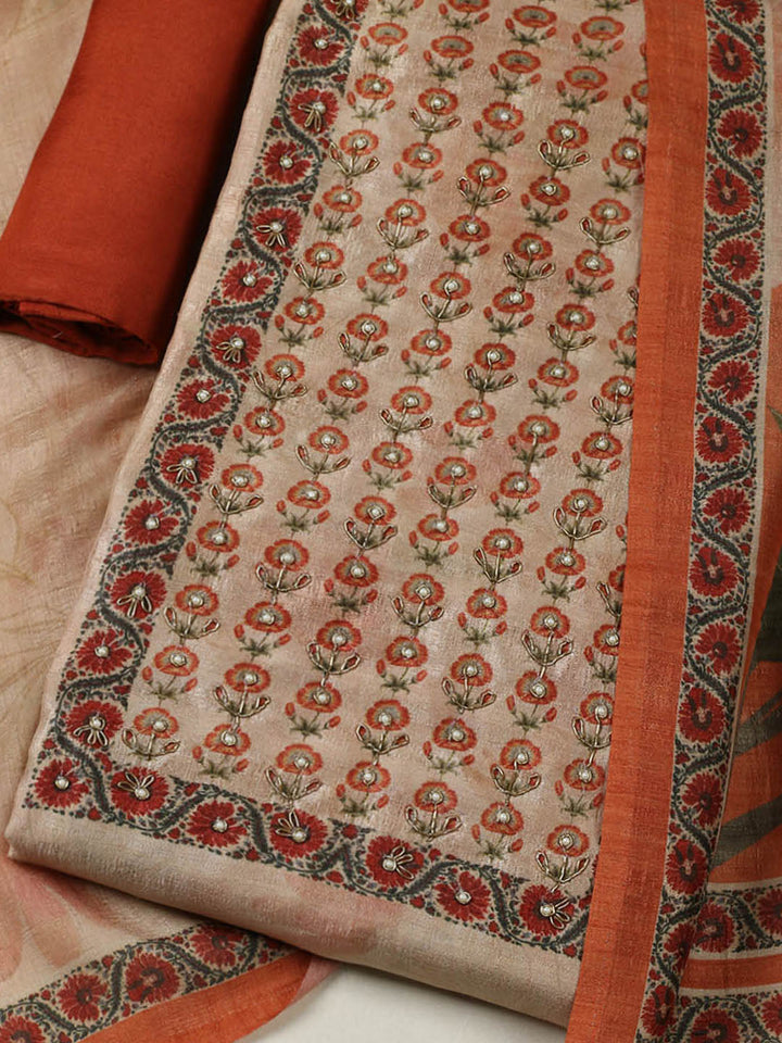 Embroidered Tussar Unstitched Suit With Pant &amp; Dupatta