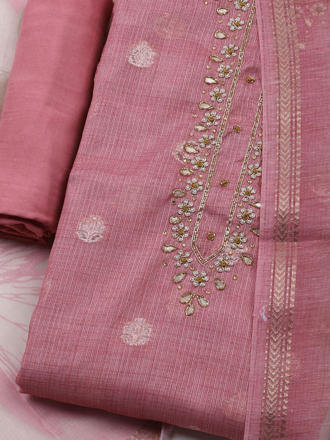 Embroidered Linen Unstitched Kurta With Pant & Dupatta