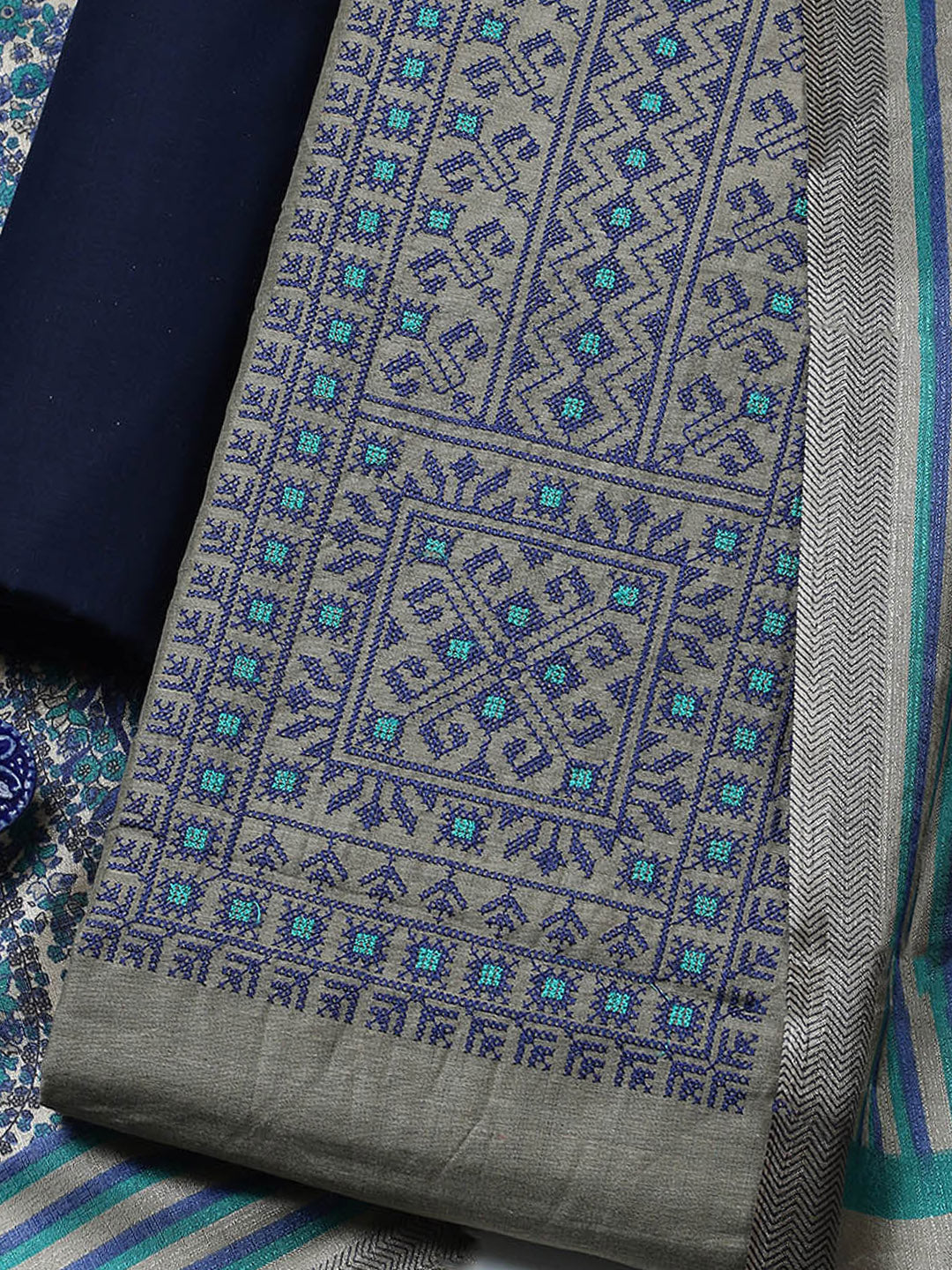 Embroidered Cotton Blend Unstitched Suit With Pant &amp; Dupatta