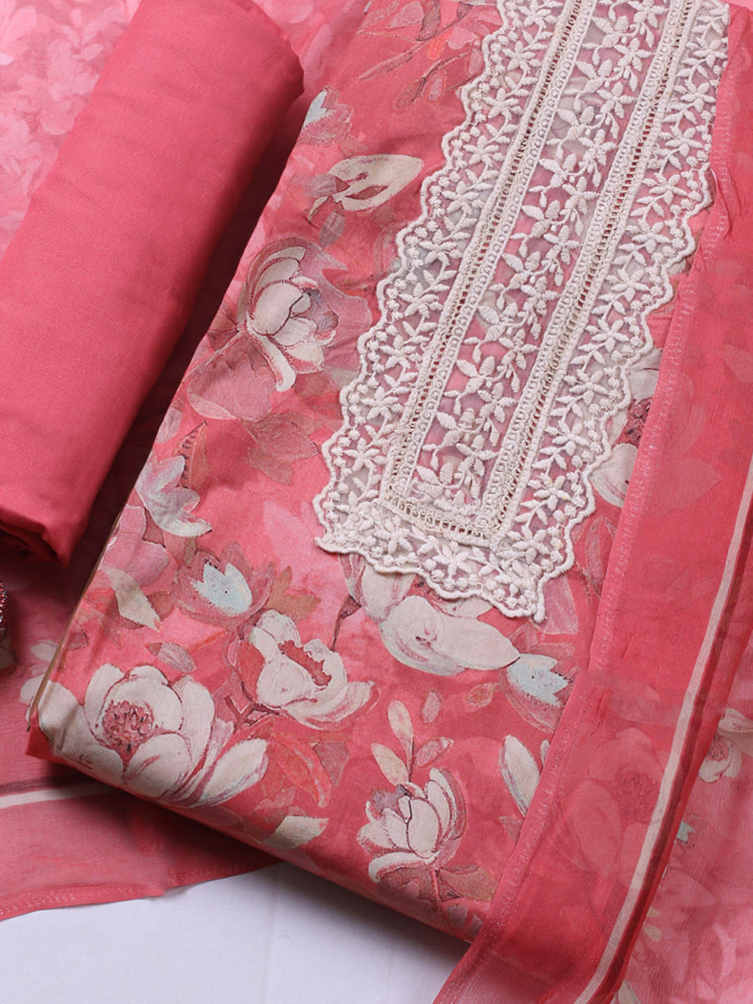 Plain Cotton Blend Unstitched Suit With Pant &amp; Dupatta
