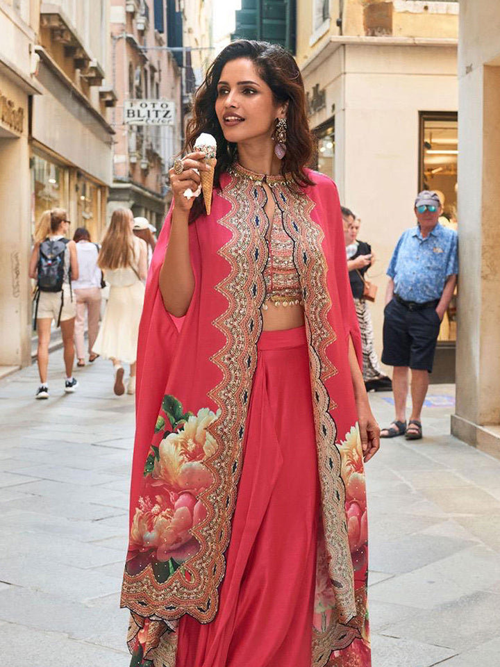 Embroidered Crepe Choli With Skirt &amp; Jacket