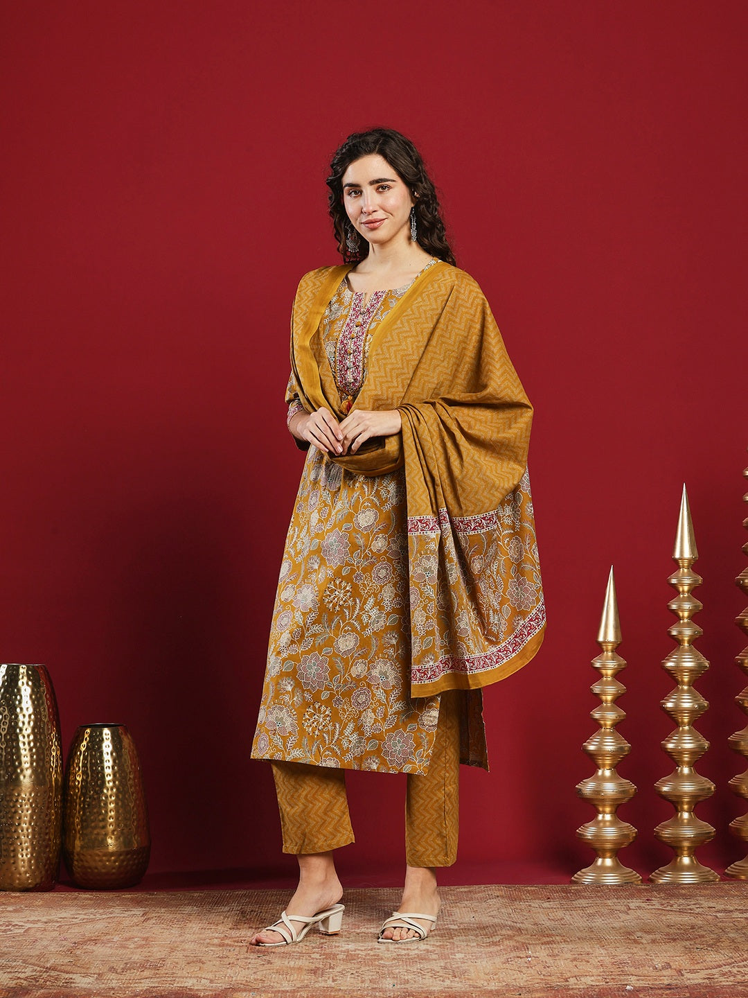 Printed Cotton Kurta With Pant &amp; Dupatta