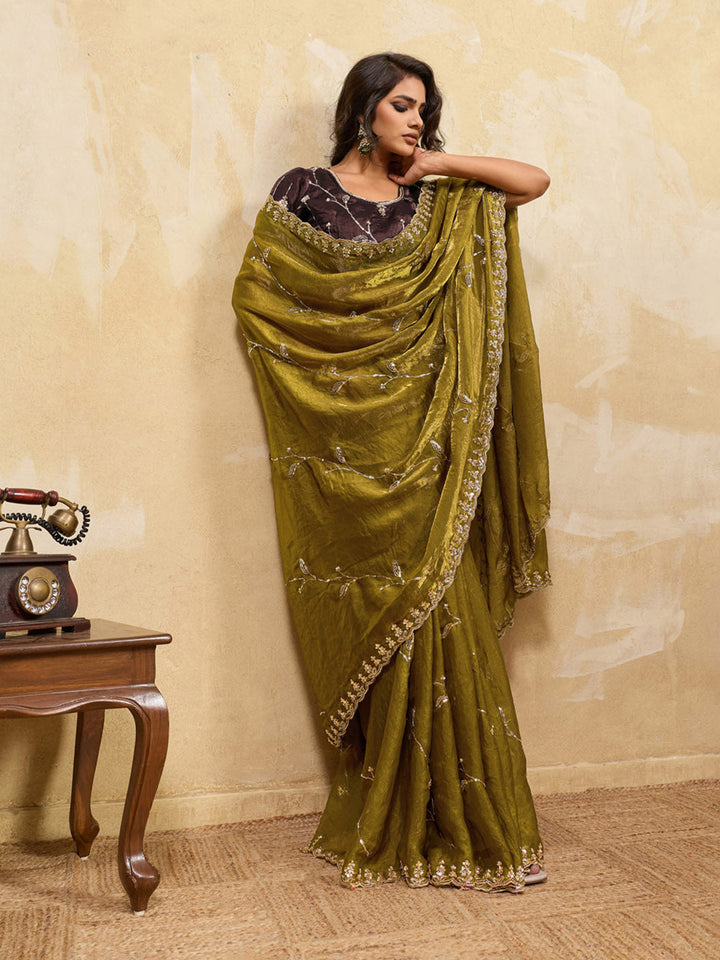 Embroidered Satin Velvet Saree