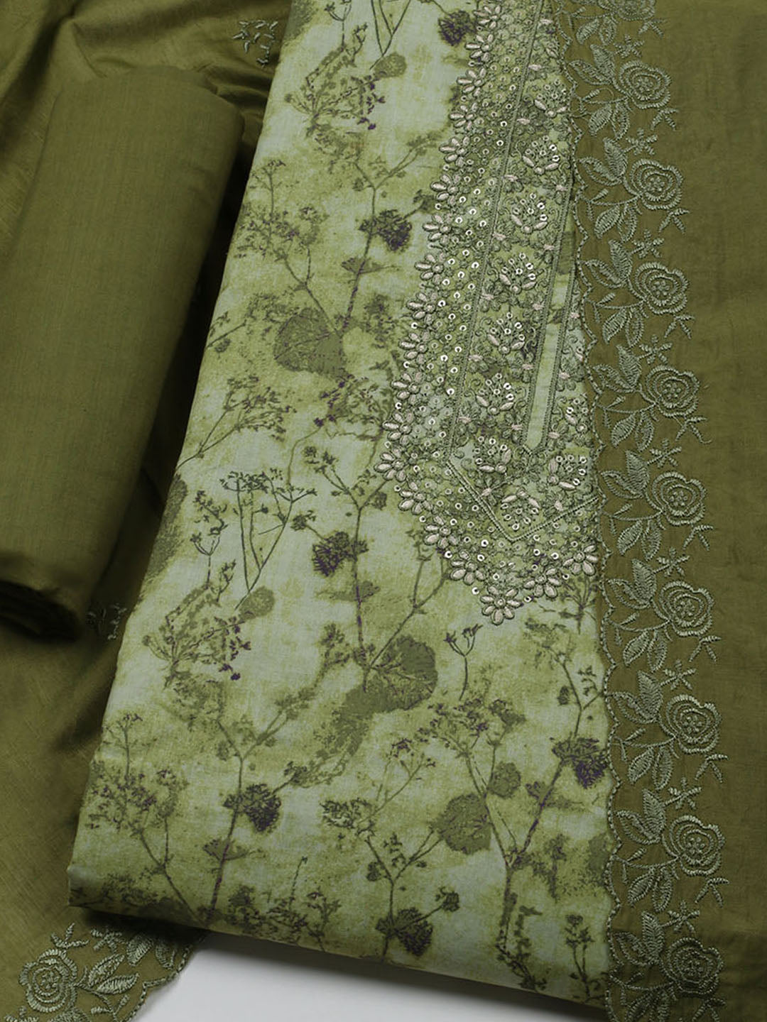 Embroidered Cotton Blend Unstitched Kurta With Pant & Dupatta