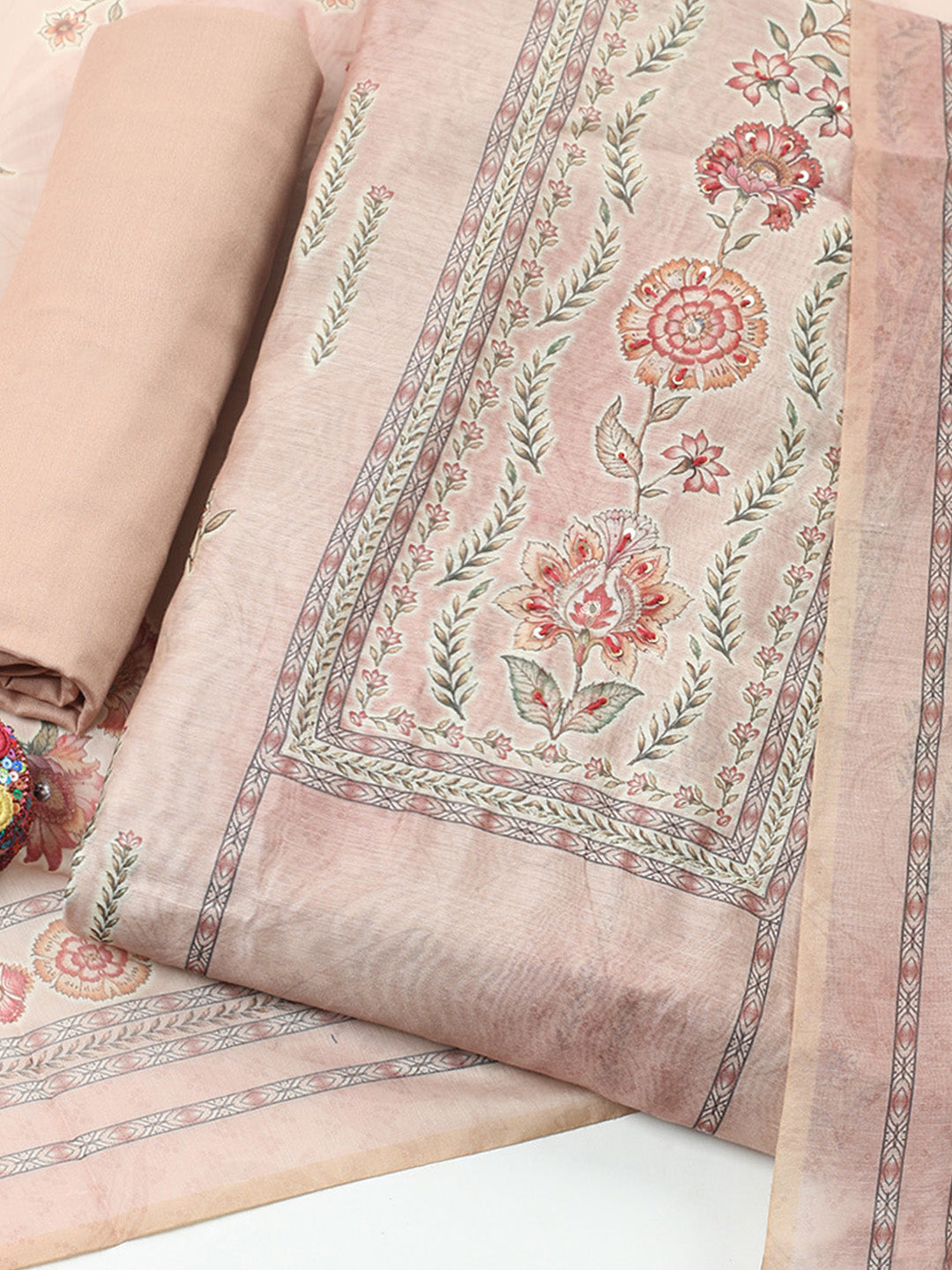 Embellished Chanderi Unstitched Suit With Pant &amp; Dupatta
