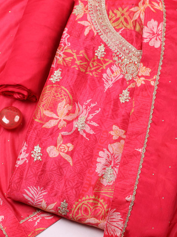 Embroidered Chinon Unstitched Suit With Pant &amp; Dupatta