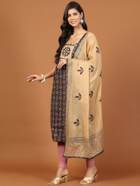 Neck Patch Cotton Blend Unstitched Suit Piece With Dupatta