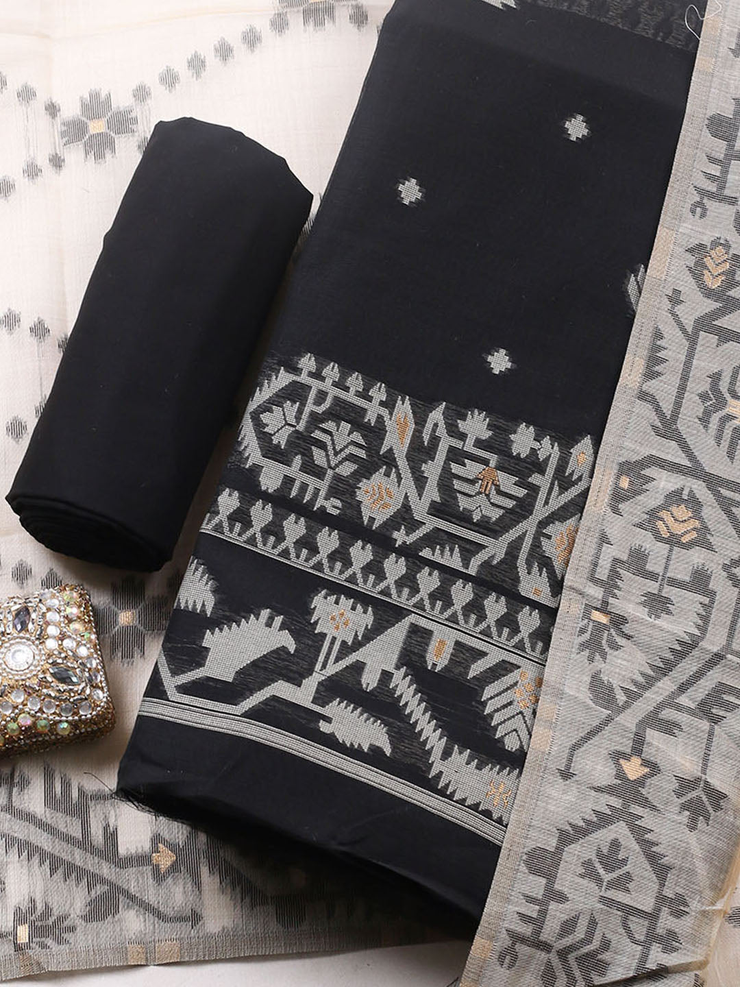 Printed Chanderi Unstitched Suit With Pant Dupatta