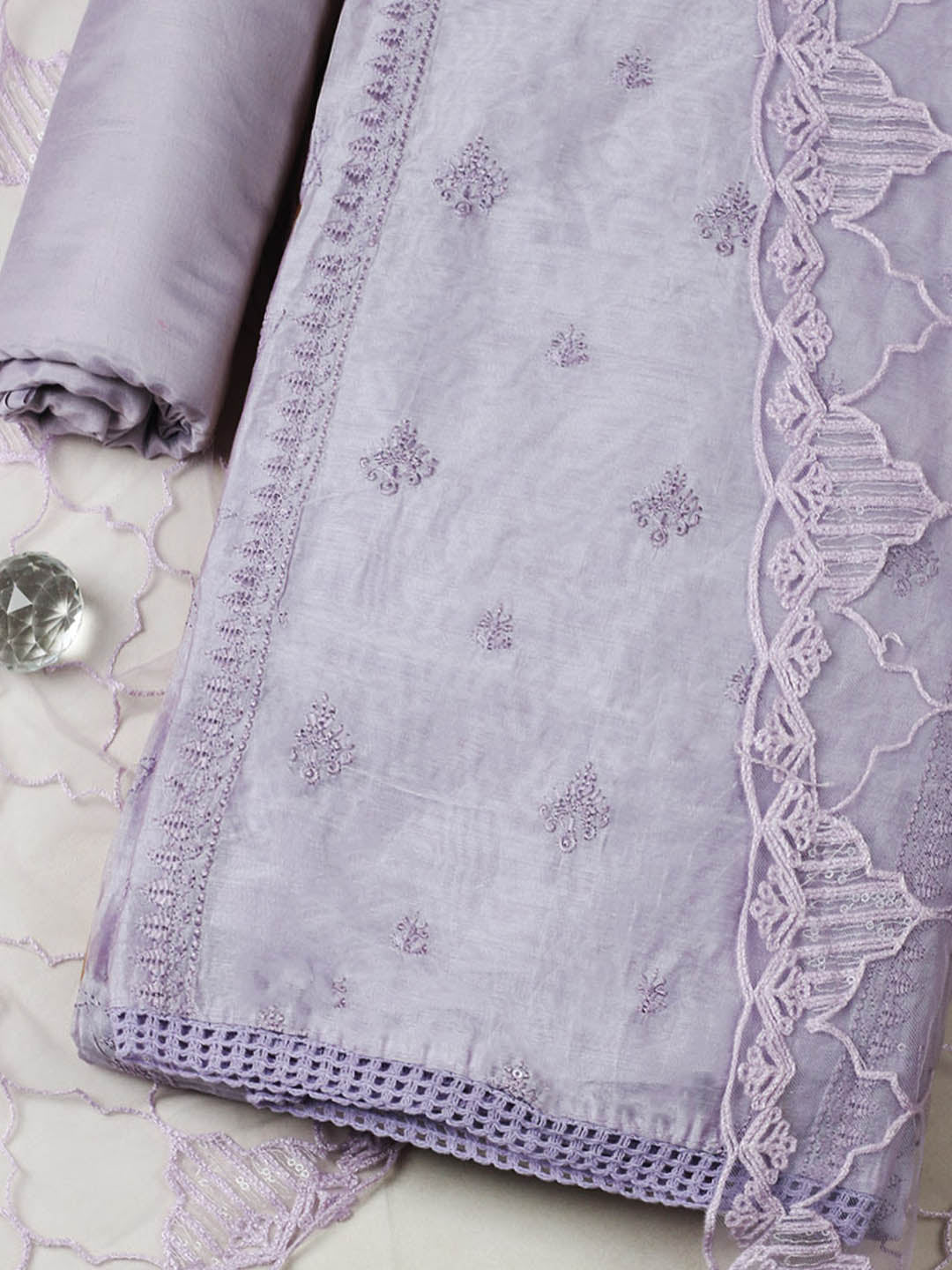 Embroidered Chanderi Unstitched Suit With Pant &amp; Dupatta