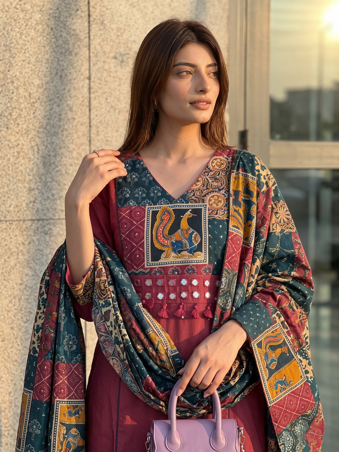 Maroon Printed Cotton Blend Kurta With Pant &amp; Dupatta