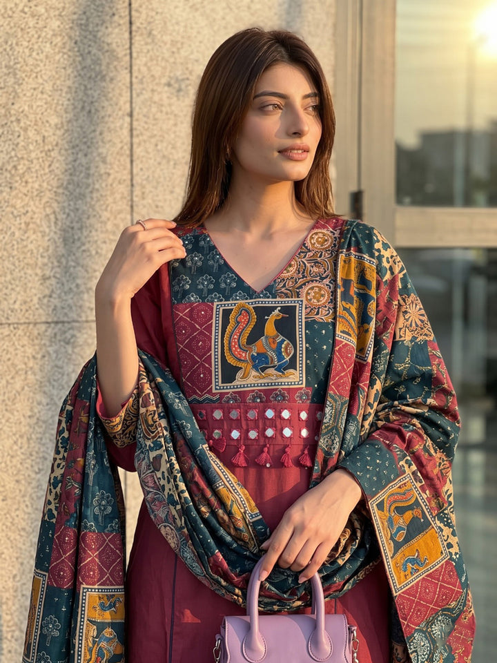 Maroon Printed Cotton Blend Kurta With Pant &amp; Dupatta