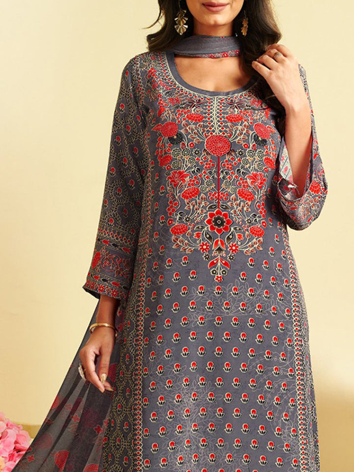 Printed Crepe Unstitched Suit With Pant &amp; Dupatta