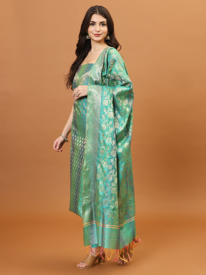 Woven Banarasi Chanderi Unstitched Suit With Dupatta