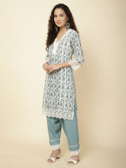 Printed & Panel Embroidery Cotton Kurta With Pants