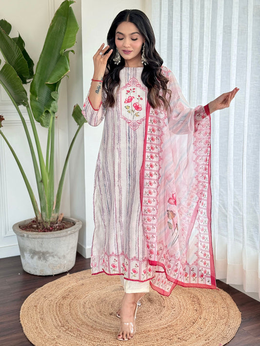 Printed Cotton Blend Kurta With Pants & Dupatta