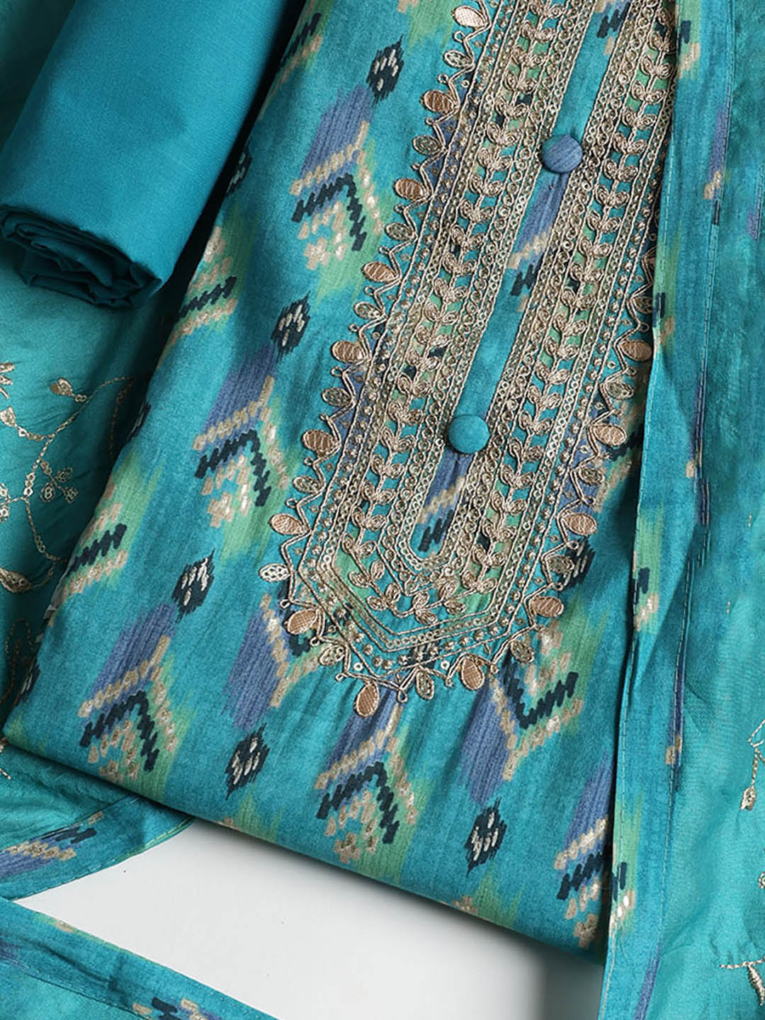 Gota Neck Cotton Blend Unstitched Suit With Dupatta