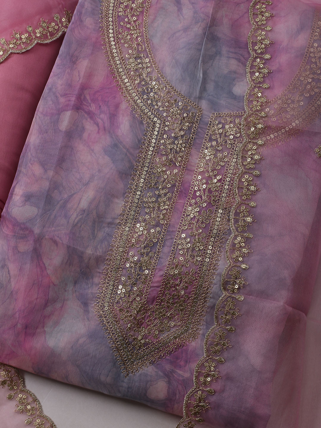 Neck Embroidered Organza Unstitched Suit With Dupatta