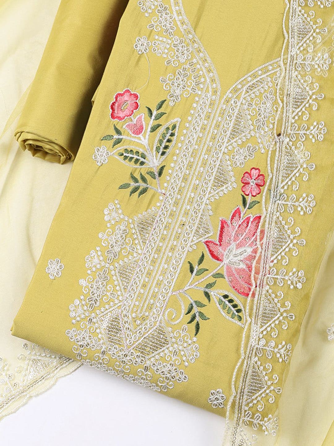 Neck Embroidered Chanderi Unstitched Suit With Dupatta