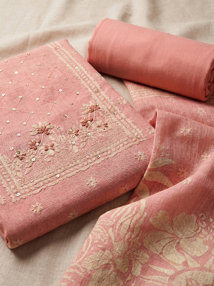 Printed Chanderi Unstitched Suit With Pant &amp; Dupatta
