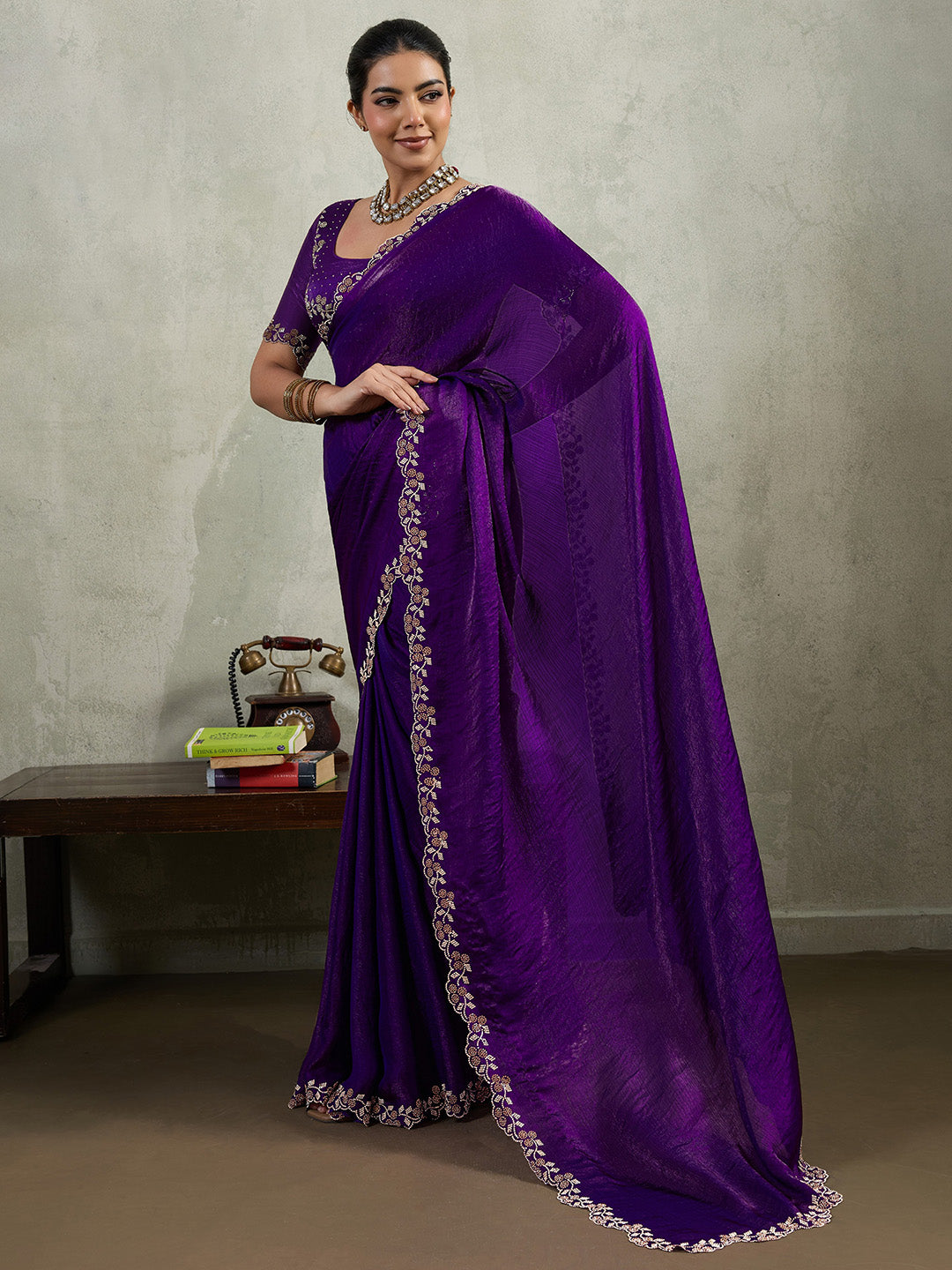 Embroidered Satin Saree