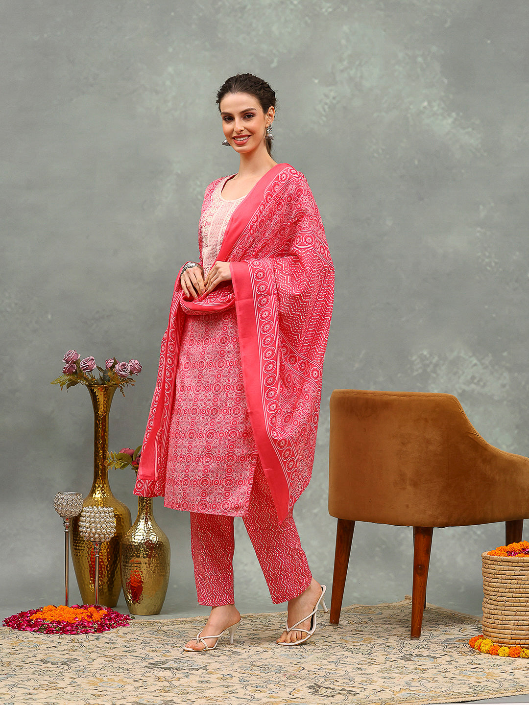 Floral Printed Cotton Kurta With Pants &amp; Dupatta