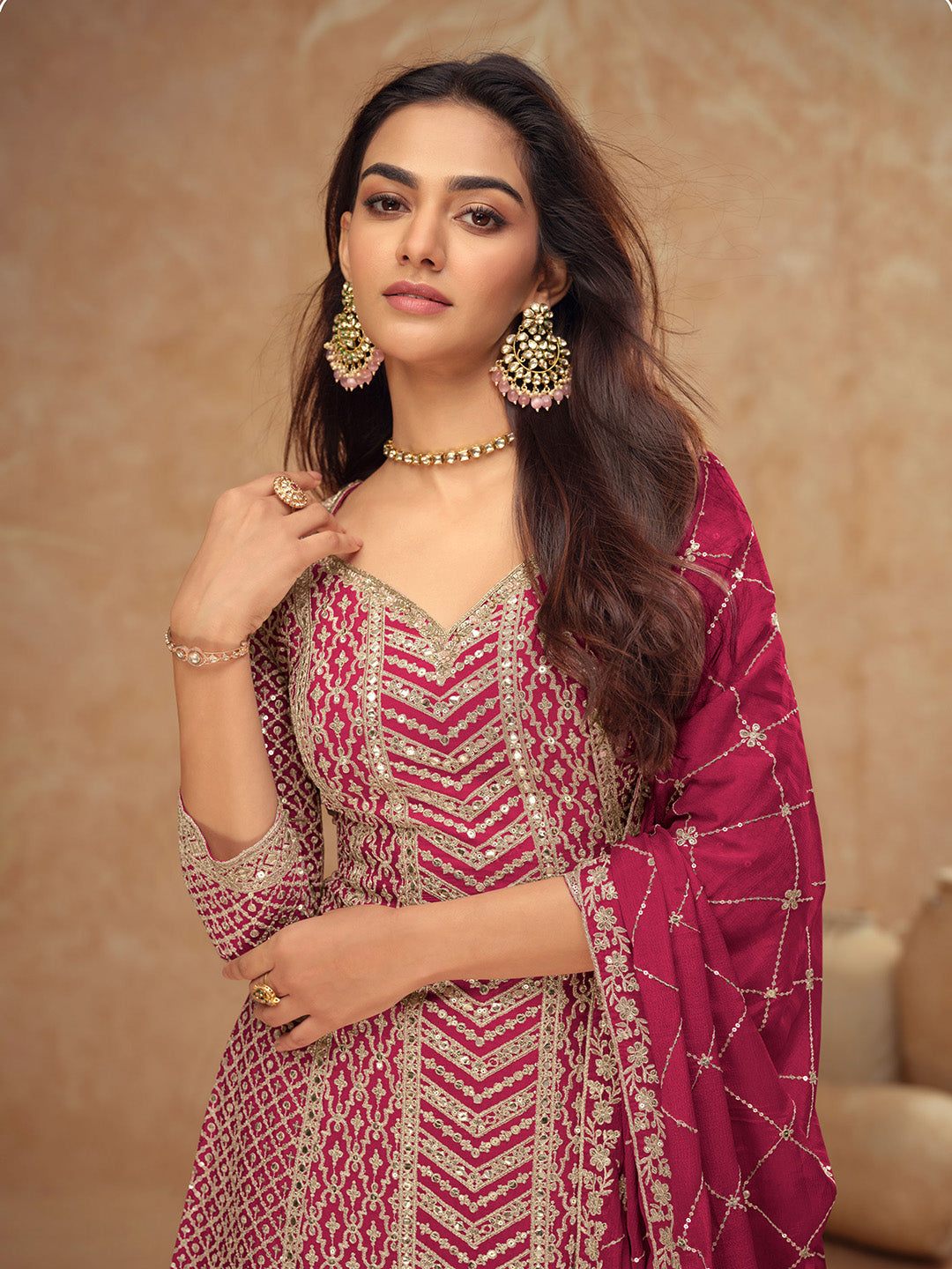 Embroidered Chinon Kurta With Plazzo &amp; Dupatta