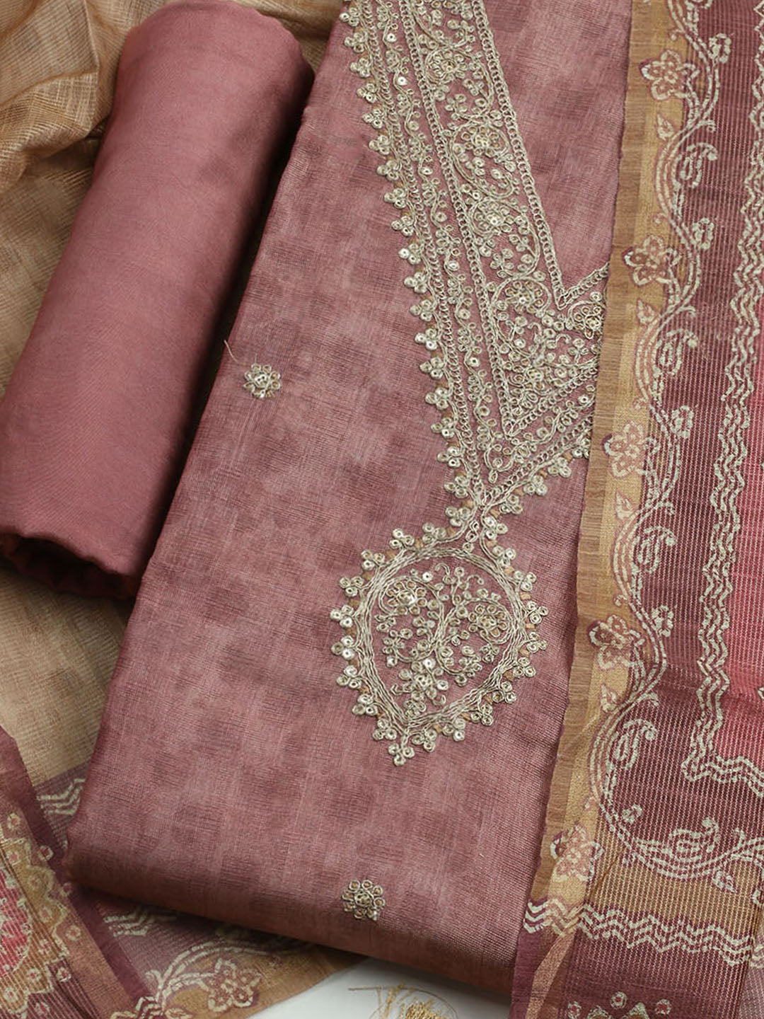 Embroidered Tissue Unstitched Kurta With Pant & Dupatta