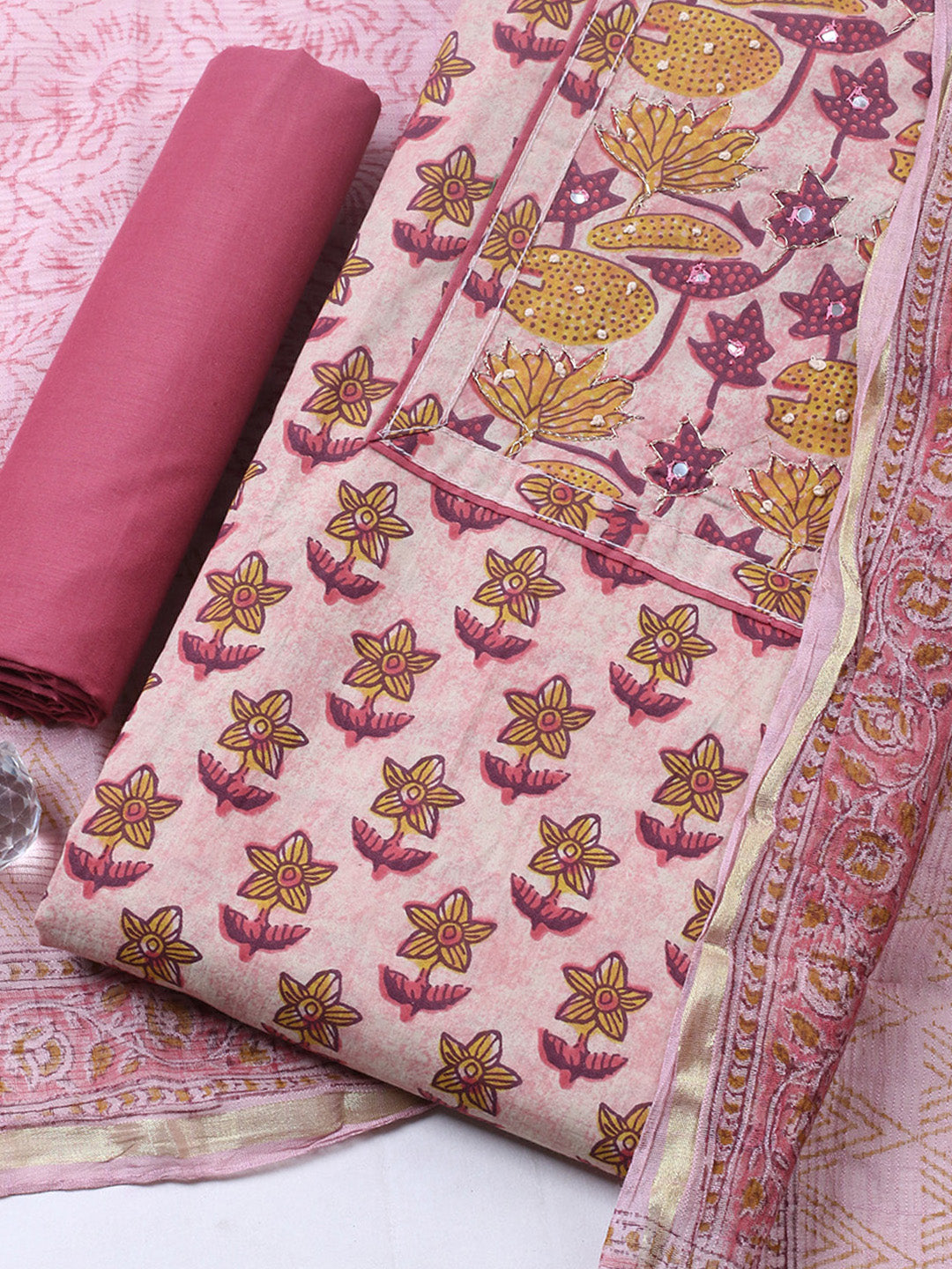Printed Cotton Blend Unstitched Suit With Pant &amp; Dupatta