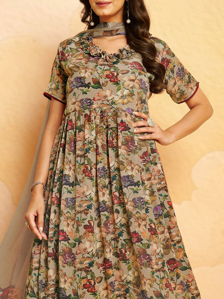 Printed Crepe Unstitched Suit With Pant &amp; Dupatta