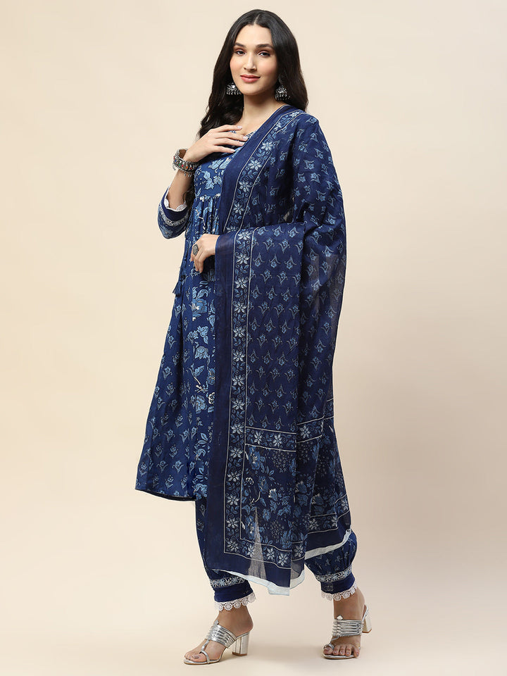 Floral Printed Cotton Kurta With Pants &amp; Dupatta