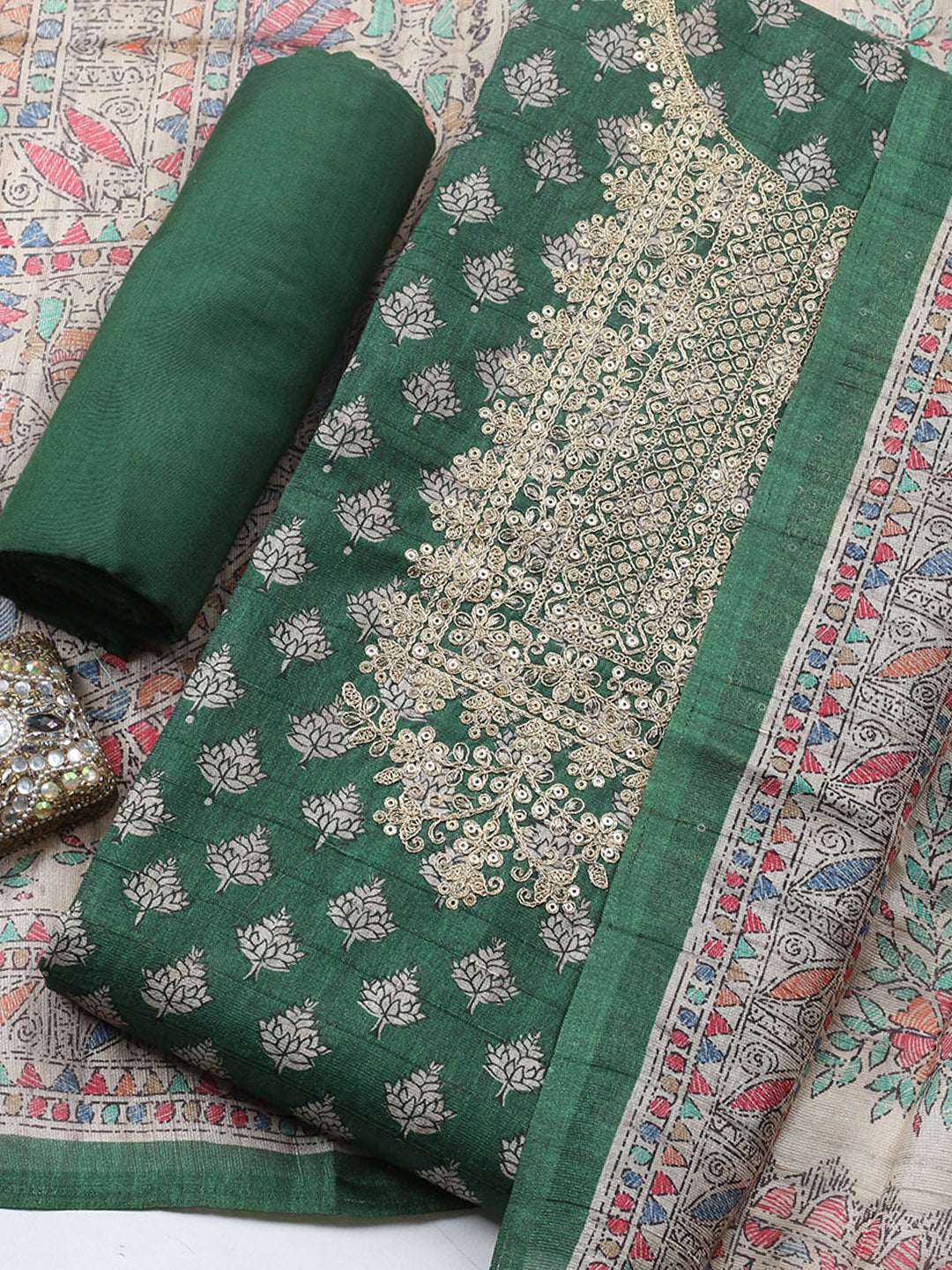Embroidered Cotton Blend Unstitched Suit With Pant &amp; Dupatta