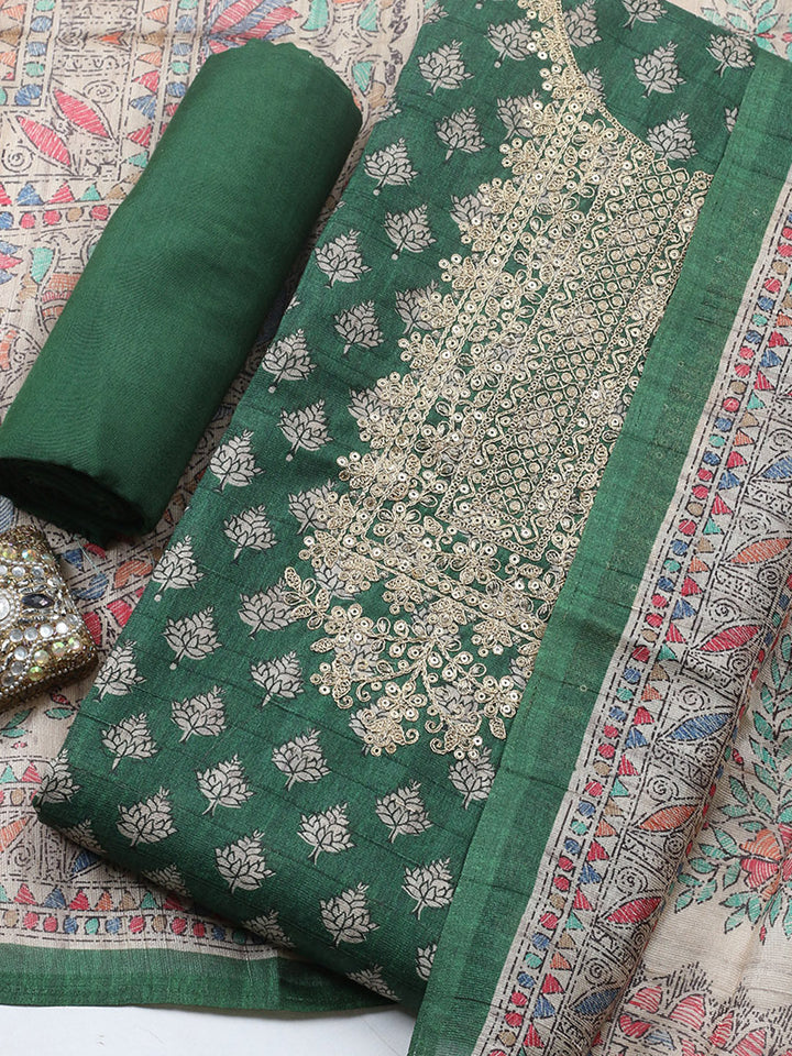 Embroidered Cotton Blend Unstitched Suit With Pant &amp; Dupatta