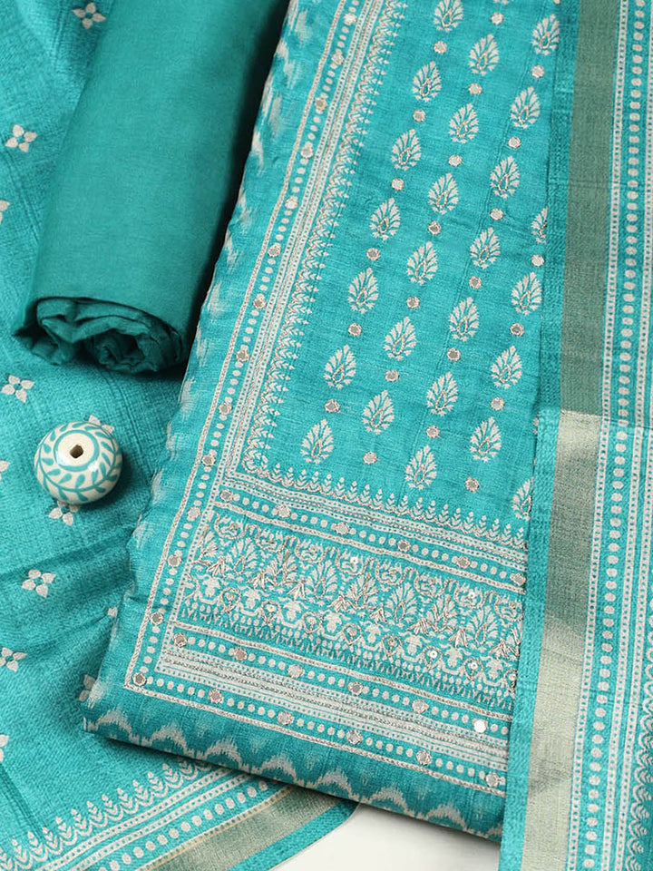 Embroidered Chanderi Unstitched Suit With Pant &amp; Dupatta