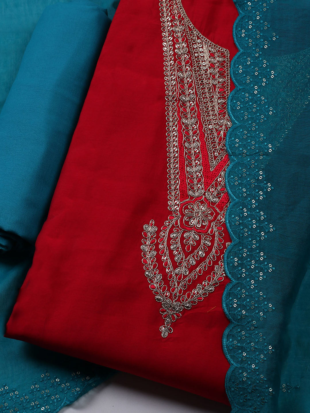 Neck Embroidered Chanderi Unstitched Suit With Dupatta