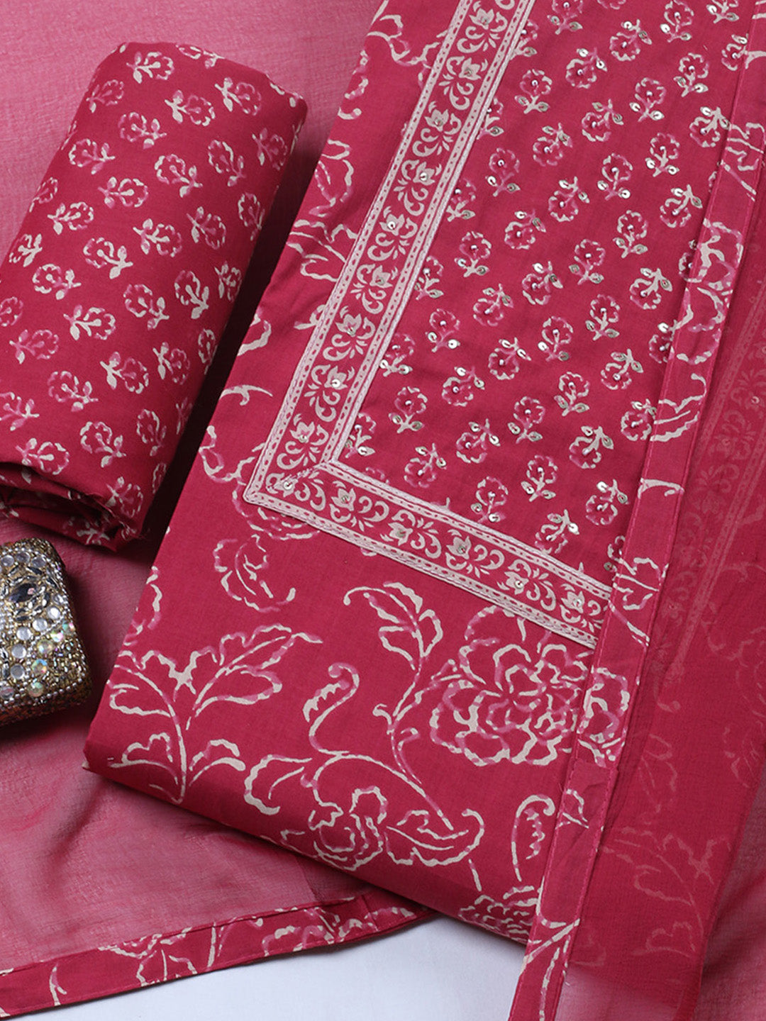 Embroidered Cotton Blend Unstitched Suit With Pant &amp; Dupatta