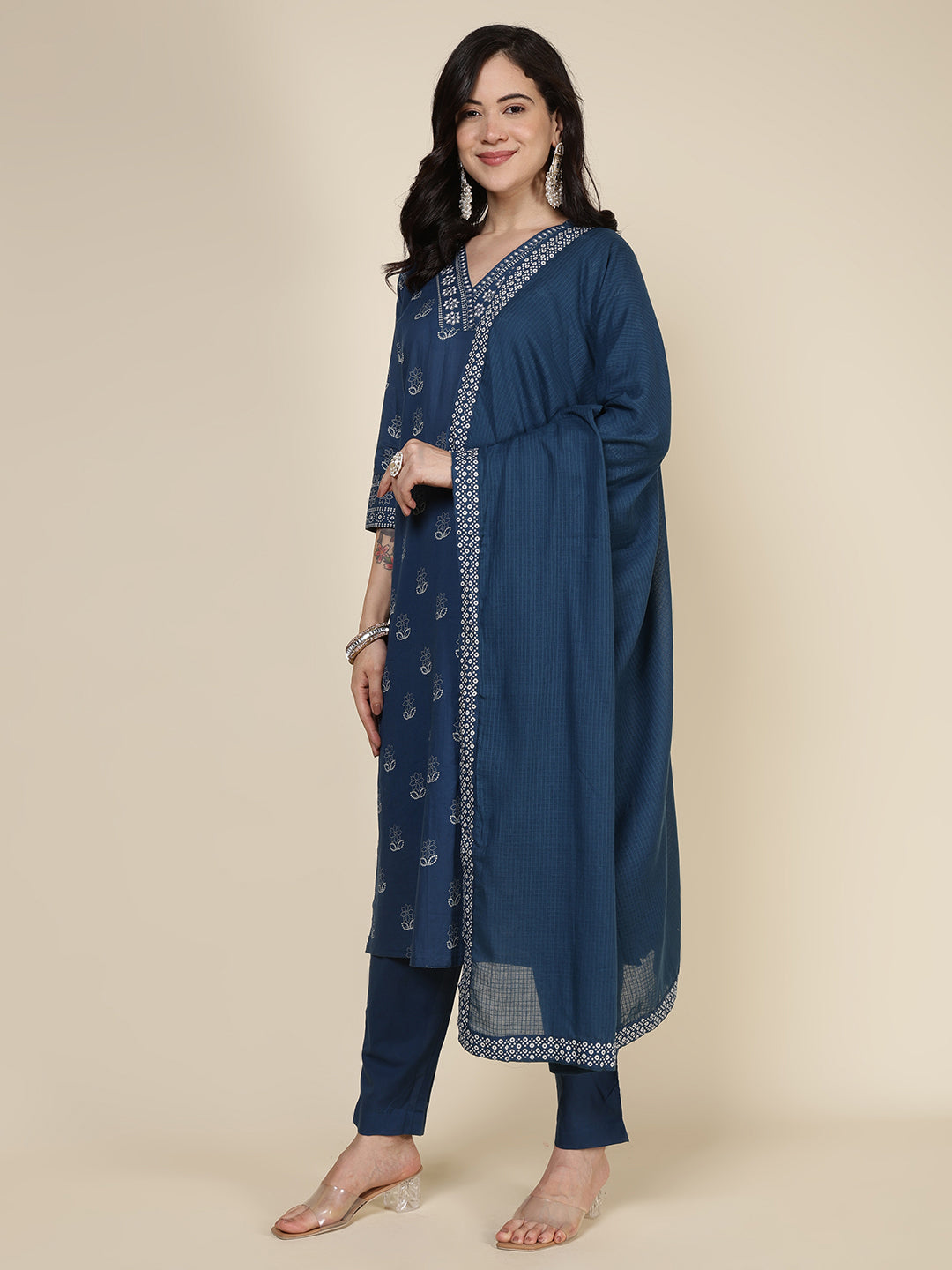 Printed Cotton Blend Kurta With Pants & Dupatta